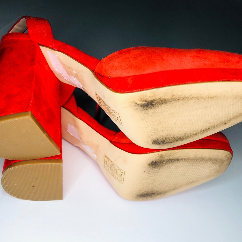 TopShop Suede Red Scarlet Chunky Platform Heels - Picture 10 of 13